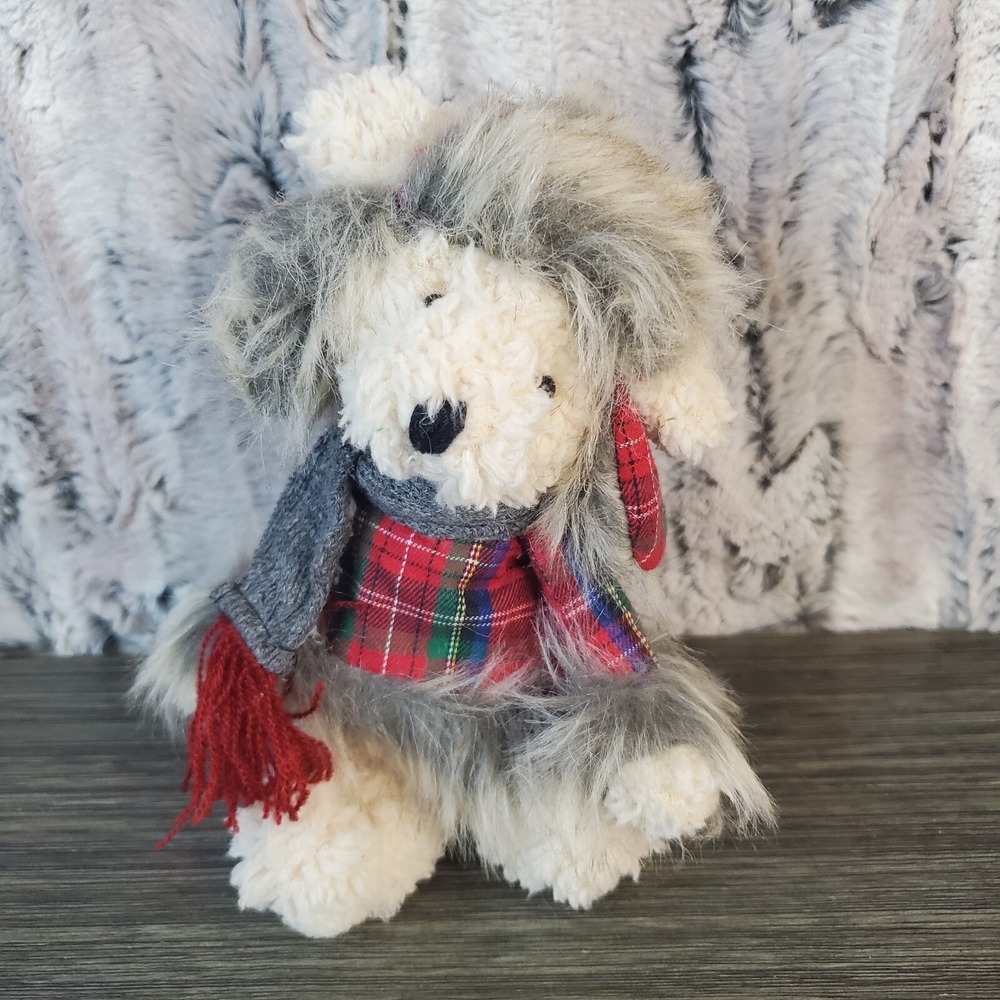 Small 6.5" Fuzzy White Teddy Bear Dressed In Red Fuax Fur Lined Plaid Hat Outfit